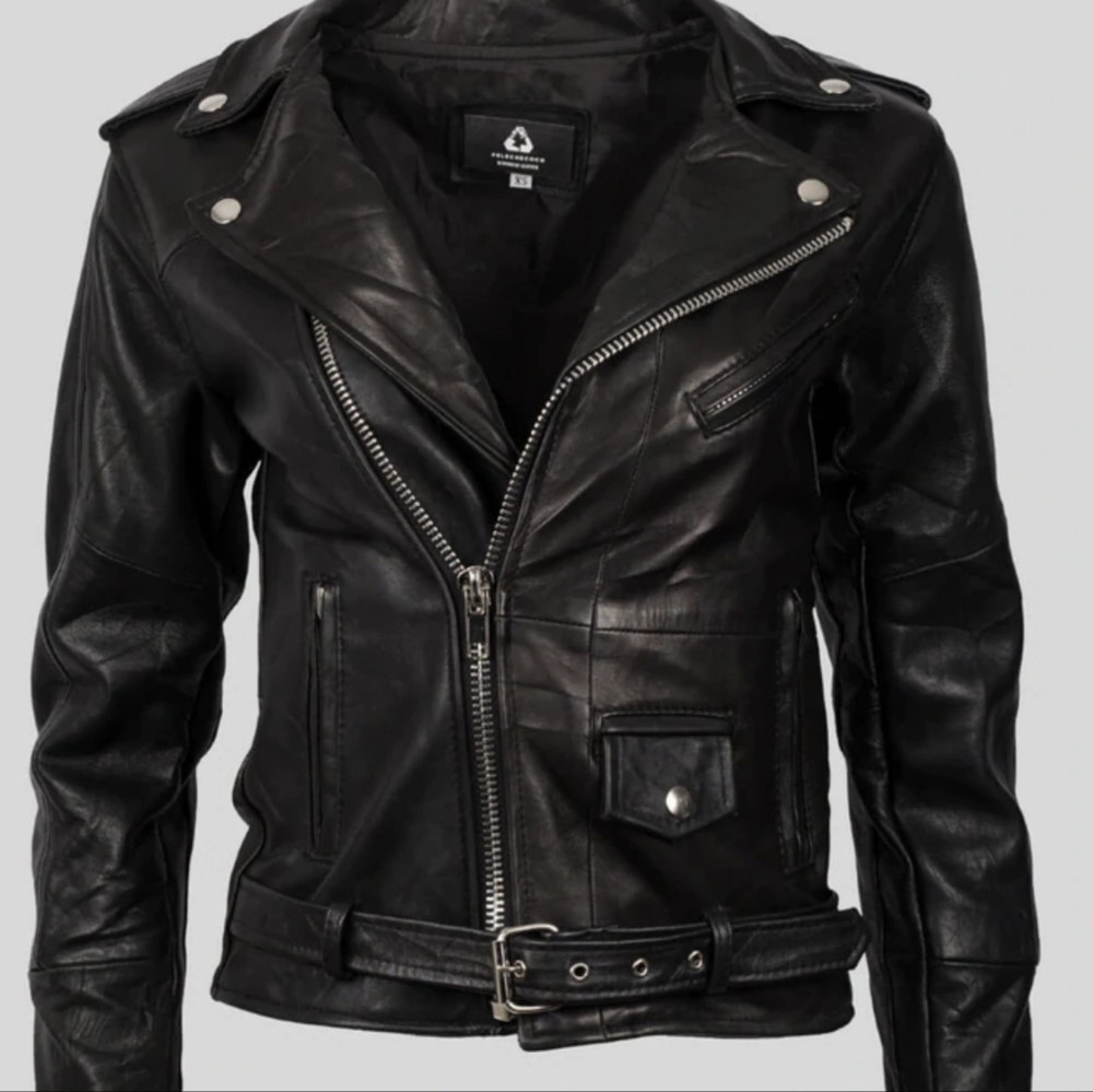 Pele Che Coco biker jacket in 100% black recycled leather. (OFFERS WELCOMED )